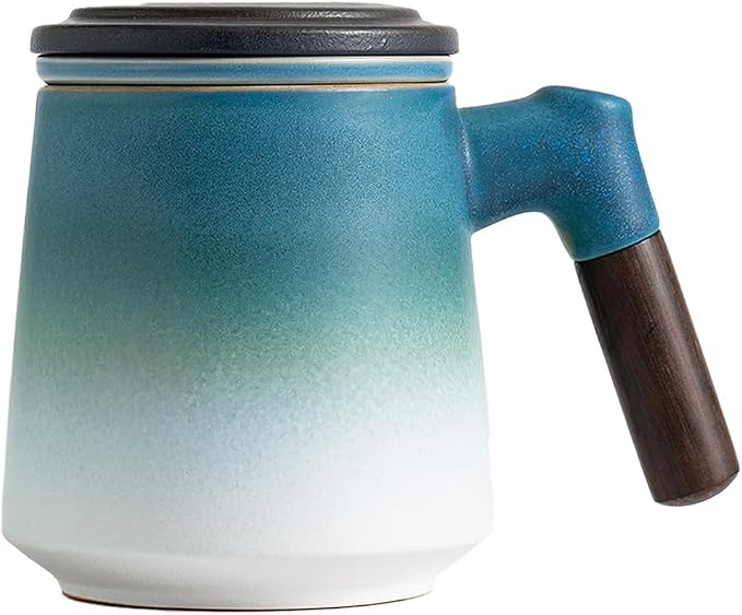 ZENS Tea Mug with Infuser and Lid for Loose Tea Diffusers, 12oz Blue | Embossed Ceramic Tea Cup with Infuser for Herbal Tea Difussers, Tea Lovers Gifts, Vintage Wood Handle