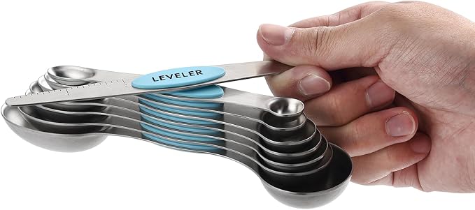 Spring Chef Stainless Steel 8 Magnetic Measuring Spoons, 2 Pack, Aqua Sky | Nesting Metal Teaspoon & Tablespoon Measuring Spoons with Leveler for Dry & Liquid Ingredients, Dual Sided, Dishwasher Safe