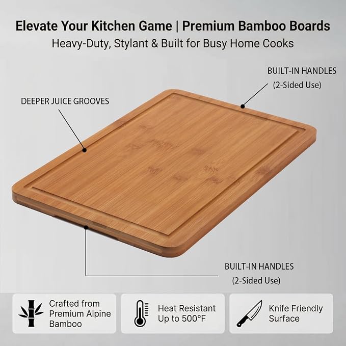 3-Piece Deep Carbonized Bamboo Cutting Board Set with Vertical Drying Stand | Wooden Chopping Boards for Kitchen | Extra Deep Juice Grooves & Easy-Carry Side Handles | Gift-Ready