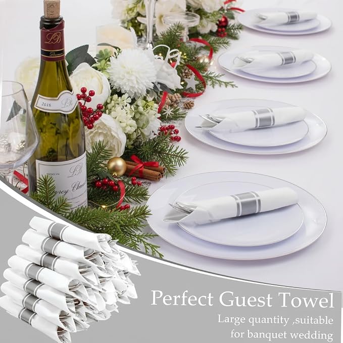120 Pack Silver Plastic Silverware Wrapped Cutlery Set with Napkin | Heavy Duty Pre Rolled Disposable Silver Cutlery Wrapped Plastic Utensils for Wedding, Birthday, Party & Catering