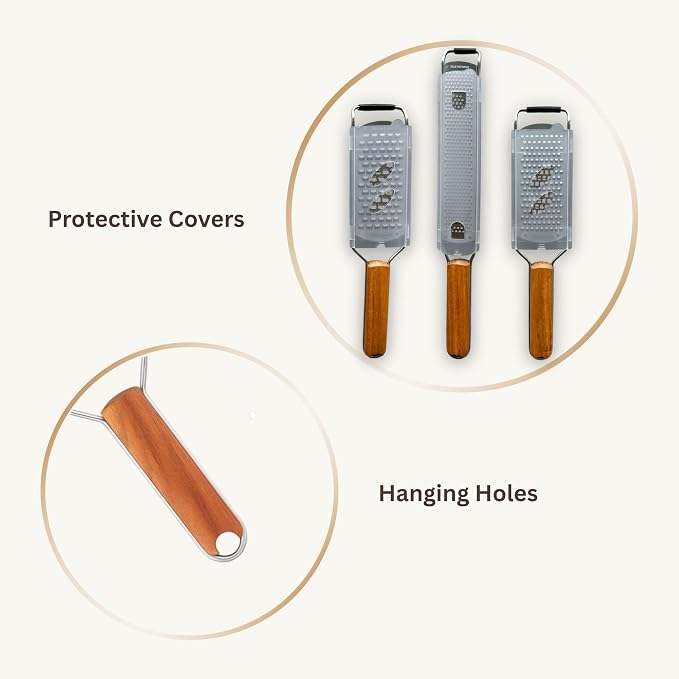 3-Piece Stainless Steel Cheese Grater & Zester Set w/Acacia Wood Handles – For Parmesan, Lemon Zest, Ginger, and Spices