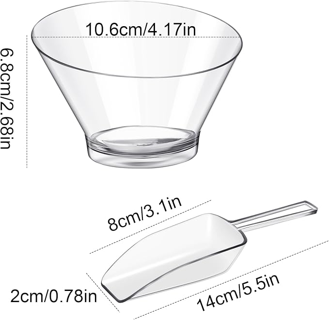 Sawysine Plastic Clear Serving Bowls with Kitchen Plastic Scoops | 12 Pcs Salad Serving Bowls Popcorn Scoops Angled Candy Container for Salad Cooking Parties