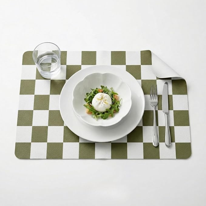 Set of 6 Checkerboard Non-Slip Washable Placemats for Dining Table | Waterproof & Heat-Resistant Faux Leather Mats | Easy Wipe Clean Tablemats for Indoor Dining, 17’’×12’’, Olive Green