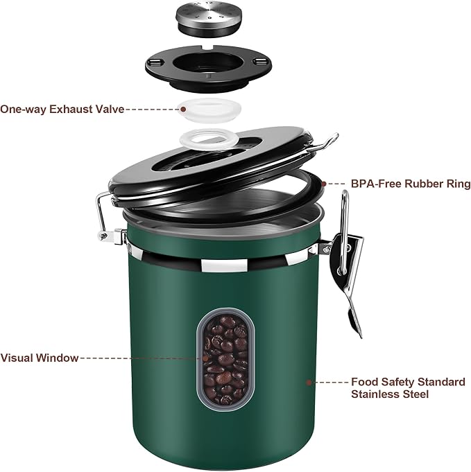 ROCKY&CHAO Airtight Coffee Canister with Date Tracker & Transparent Window, 22OZ Large Tea Coffee Canisters, Coffee Storage Canister, Coffee Container with 30ml Measure Spoon and 4 Co2 Valve(Green)