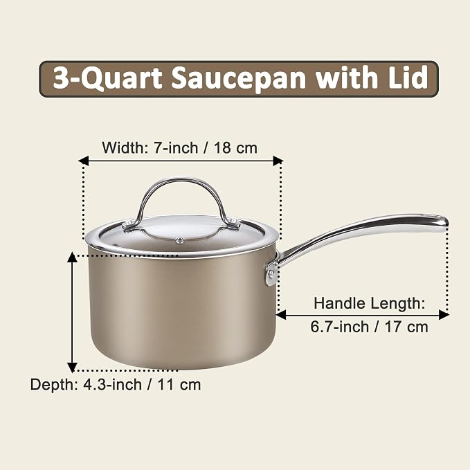 Cooks Standard Classic 3 Quart Saucepan with Glass Lid, Hard Anodized Ceramic Nonstick Sauce Pan, Kitchen Sauce Pot Milk Pan, Dishwasher & Oven Safe, Induction Compatible Cookware, Bronze