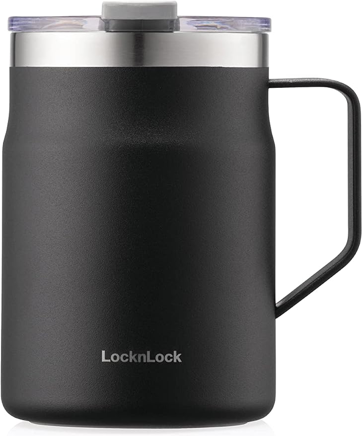 LocknLock Metro Mug Premium 18/8 Stainless Steel Double Wall Insulated with Handle Perfect for table with Lid, Black, 16 oz
