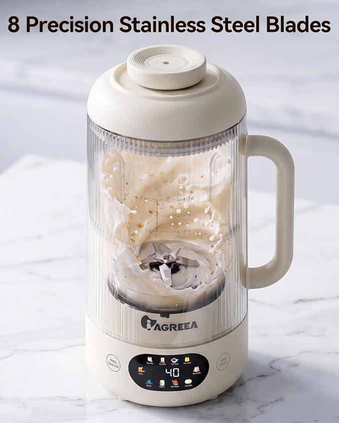 IAGREEA 35oz Glass Nut Milk Maker Machine, 10 in 1 Noise Reducing Soy Maker | 12H Delay, 6H Keep Warm, BPA-Free, Self-Cleaning, Soundproof Cover, 8 Blades, Almond/Oat Milk/Juice, Suitable For 4-5 People