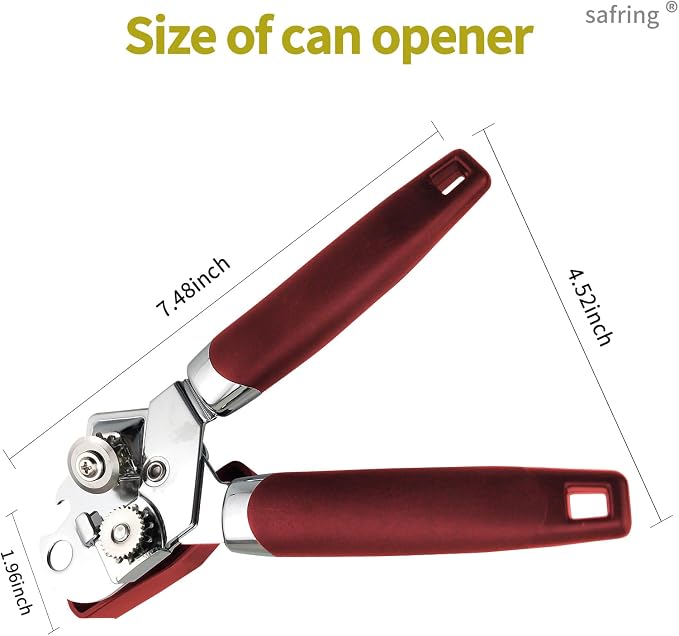 Safring Can Opener Manual, Handheld Strong Heavy Duty Stainless Steel Can Opener, Comfortable Handle, Sharp Blade Smooth Edge, Can Openers with Multifunctional Bottle Opener, Red