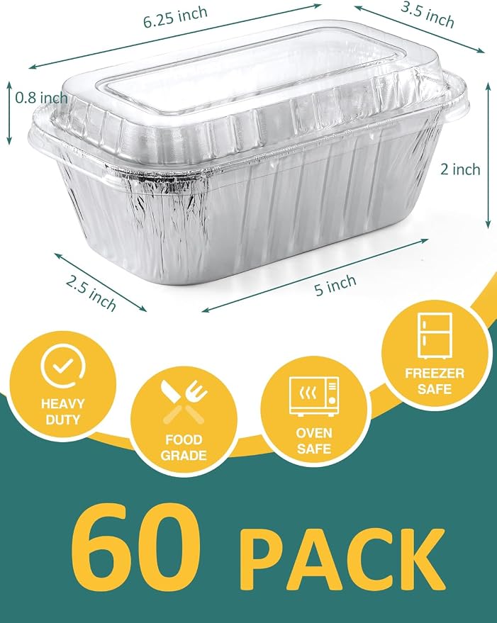 NEEBAKE 60 Pack 6x3.5x2 Disposable Aluminum Loaf Pans with Lids Small-Aluminum-Foil-Pans-Tin-Foil-Baking-Pans-Tin-Trays-Food-Containers-for-Baking-Cakes-Bread-Meat-Loaves
