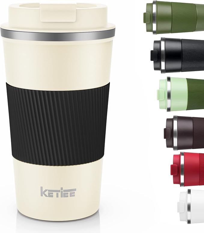 KETIEE 12oz Travel Mug: Vacuum Insulated Coffee Cup with Leakproof Lid, Travel Coffee Mug Stainless Steel Double Walled Reusable Coffee Cup for Hot and Cold Water Tea (Beige)