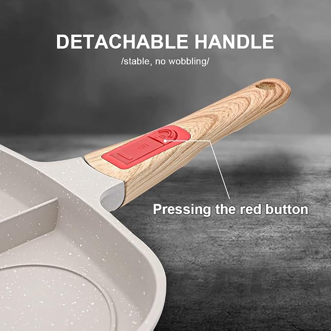 Nonstick 3 Section Grill Pan for Stove Tops, White | Detachable Handle, Versatile Griddle Pan with Lid, Square Skillet PFOA Free