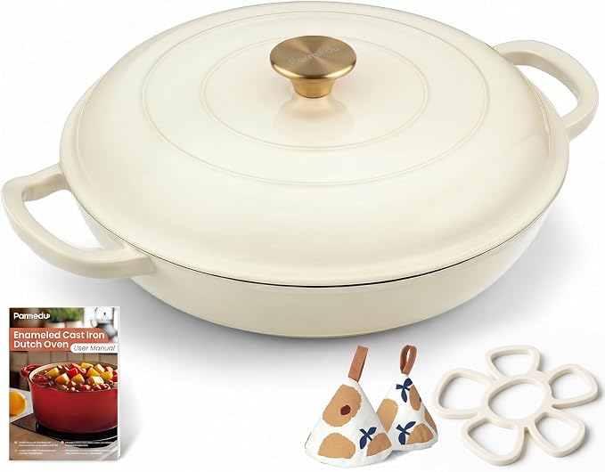 Cast Iron Dutch Oven–3 Layers Enameled Shallow Braiser & Casserole Pot with Lid, Even-Heating, Stovetop & Oven Safe to 500°F, 3.8 Quart for Family & Parties Meals(White)