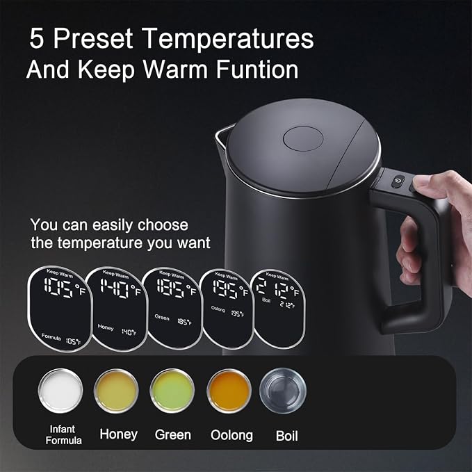 1.5L Electric Kettle Temperature Control, Black | Double Wall Cool Touch Teapot, Fast Boil, 5 Temperature Control, LED Display, Auto Shut-Off & Keep Warm
