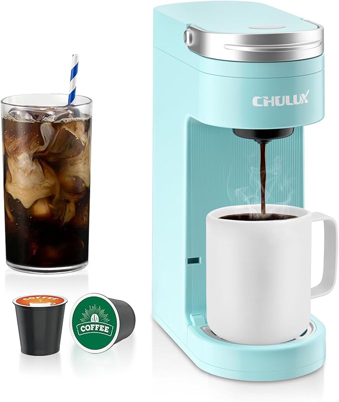 CHULUX Slim Single Serve Coffee Maker, Lightweight Pod Coffee Machine, Cyan | Fast-Heating Boiler System, 4-Hole Needle for Richer Flavor, Adjustable Drip Tray for 7.3" Travel Mug, Food Grade Material
