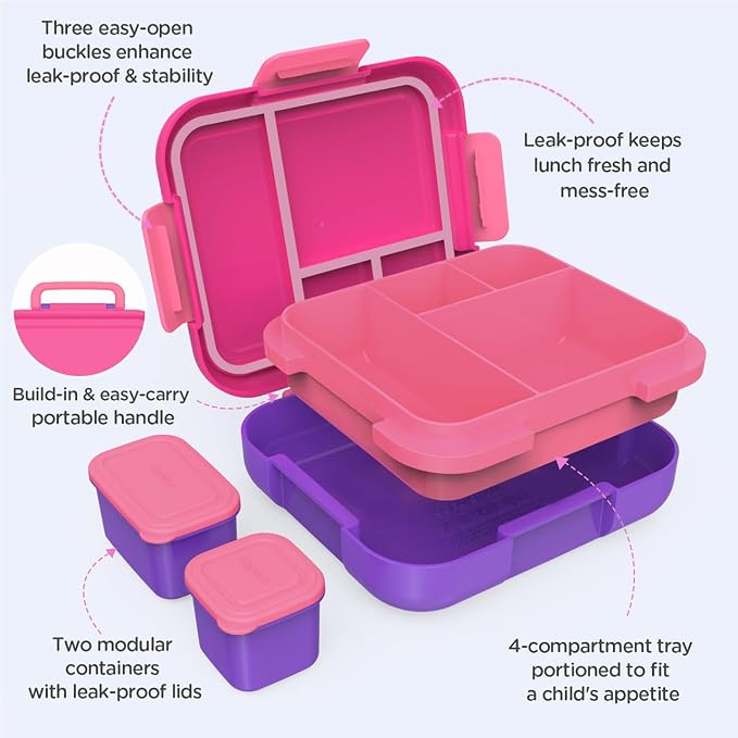 Caperci Bento Box for Kids Age 4-8 - 4.8 Cups Lunch Box with 2 Modular Containers - 4 Compartments Lunch Container, Leak-Proof, Portable Handle, Microwave/Dishwasher Safe (Fuchsia/Purple)