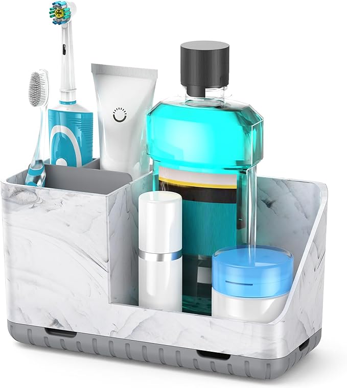 Toothbrush Holders for Bathroom Countertop Organizers (Grey Marble Grain) | Easy To Clean, Drainage, Non-Slip, Detachable Kids Electric Toothbrush Organizers for Bathroom Organizers and Storage