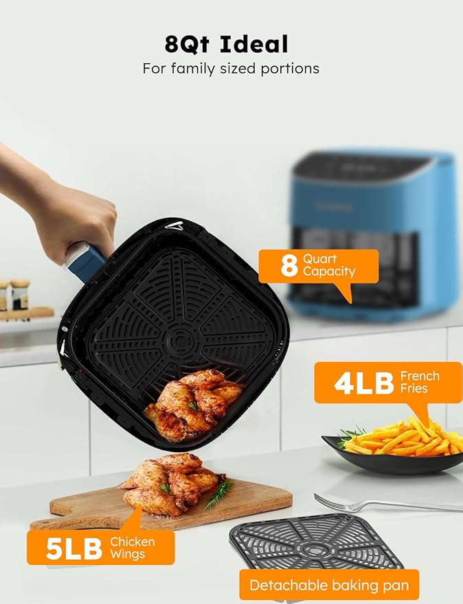 Nuwave Brio Plus 8 Qt Air Fryer, PFAS Free, New & Improved, 50-400°F in 5°F | Digital Touchscreen, Cool White Display, Ceramic Nonstick Coating, 5 Modes, 100 Presets/50 Memory, 700/1500/1800W, Cozy Blue