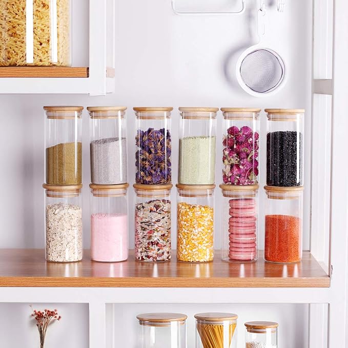 Tzerotone 12 Pcs Glass Spice Jars - 8.5oz Empty Small Glass Bottles with Bamboo Airtight Lids and Labels - Thicken Seasoning Spice Containers for Kitchen Organization and Storage…