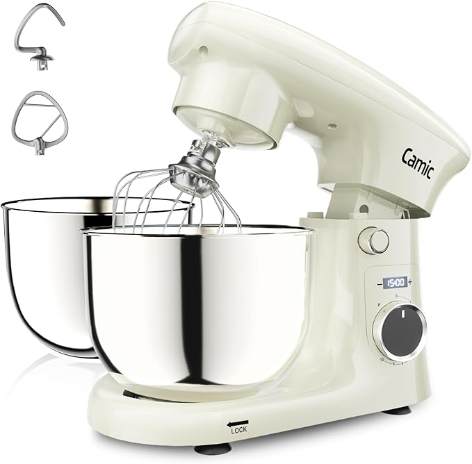 Camic Stand Mixer, 4.2QT+5.3QT Two bowls Electric Food Mixer, 10 Speeds with Digital setting 3-IN-1 Kitchen Mixer for Baking Cakes Cookie Bread Salad with Egg Whisk,Dough Hook,Flat Beater