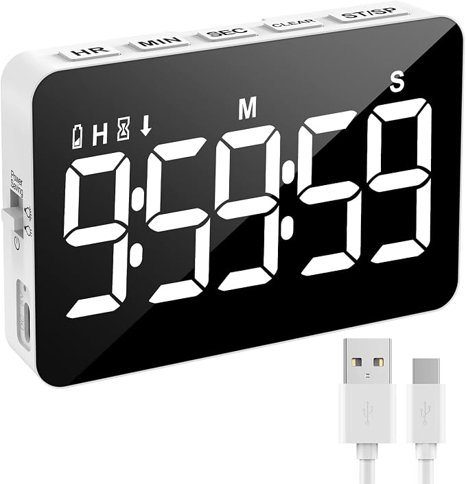 Rechargeable Digital Kitchen Timer for Cooking, Magnetic Timers with Countdown/up, Kids Timer with 5”LED Display 3 Brightness 4 Volume Adjustable for Classroom/Office/Home/Work/Study/Fitness/Game | Countdown/Up, 3 Adjustable Brightness, 4 Adjustable Vo...