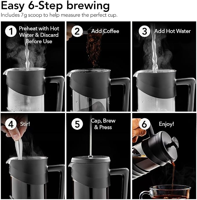 OVENTE 12oz French Press Coffee Maker with 4-Level Filtration, Black FPW12B | Heat-Resistant Borosilicate Glass Cafetiere, Dishwasher Safe Stainless Steel Filter, Compact Cold Brew for Travel and Camping