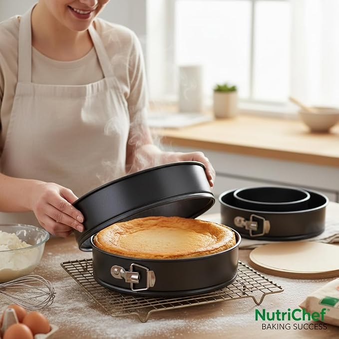 Nutrichef 3-Piece Nonstick Springform Pan Set - Premium Carbon Steel Cheesecake Pans with Stainless Steel Clasp - 6", 8", 10" Sizes, Oven Safe up to 450°F - Includes 300pcs Parchment Paper (Black)