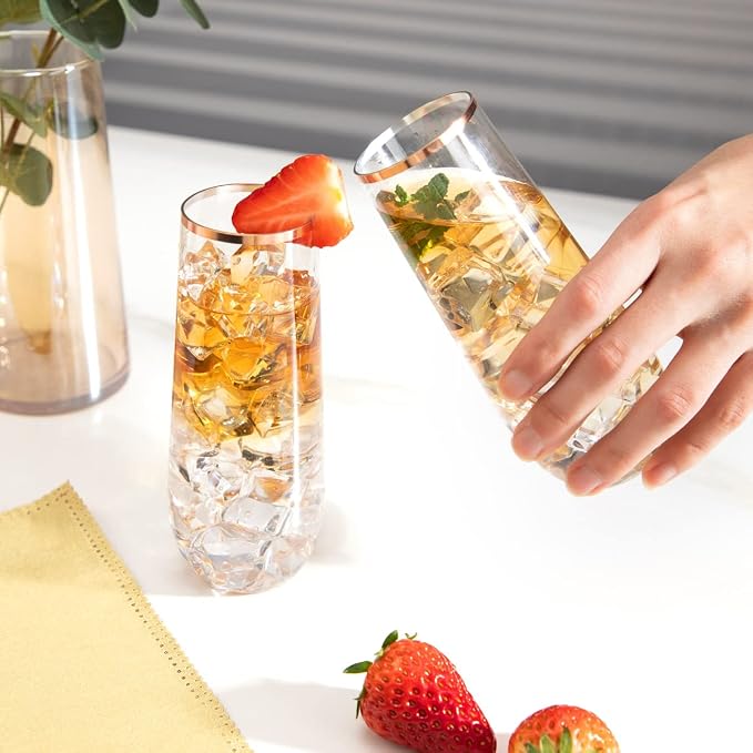 Ciaell 24 Pack Rose Gold Plastic Champagne Flutes for Weddings Birthdays | 9 oz Rose Gold Stemless Mimosa Glasses, Heavy Duty Plastic, Champagne Mimosas Wine Cocktails for Parties Anniversaries Bars