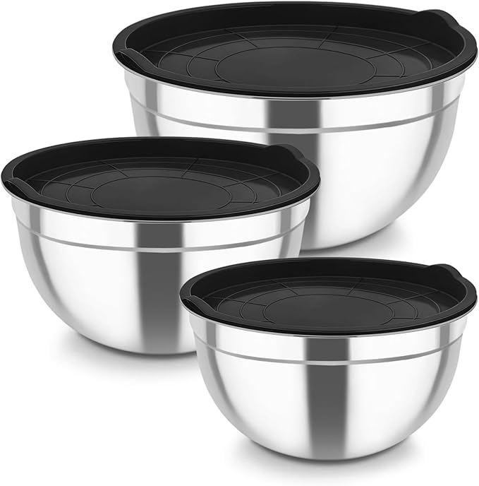 TeamFar Mixing Bowls, Stainless Steel Nesting Salad Bowls & Airtight Lids | For Serving/Mixing/Storing, Healthy & Long-lasting, Dishwasher Safe & Easy Clean, 4.6/3 / 1.5 QT, Black