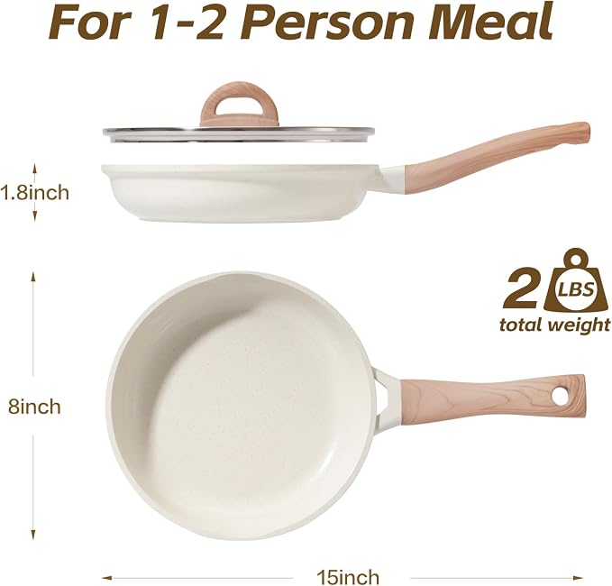 UESLUCK 8 Inch Creamic Non Stick Frying Pan With Lid- Small Creamic Skillet With lid, Egg Pan Non Stick With Cool-Touch Handle, PFAS & PTFE Free, Compatible with All Stovetops