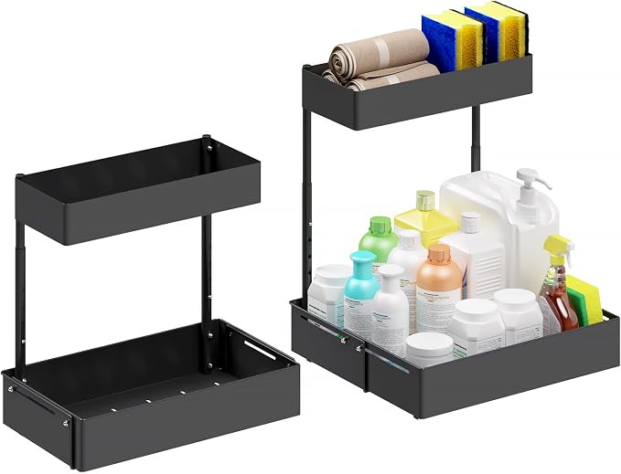 2 Tiers Metal Under Sink Organizer with Adjustable Height and Width, 2 Pack | Thickened Metal Pull Out Under Cabinet Organizer to Tidy, Sturdy Sliding Storage Shelf for Kitchen, Bathroom and Laundry