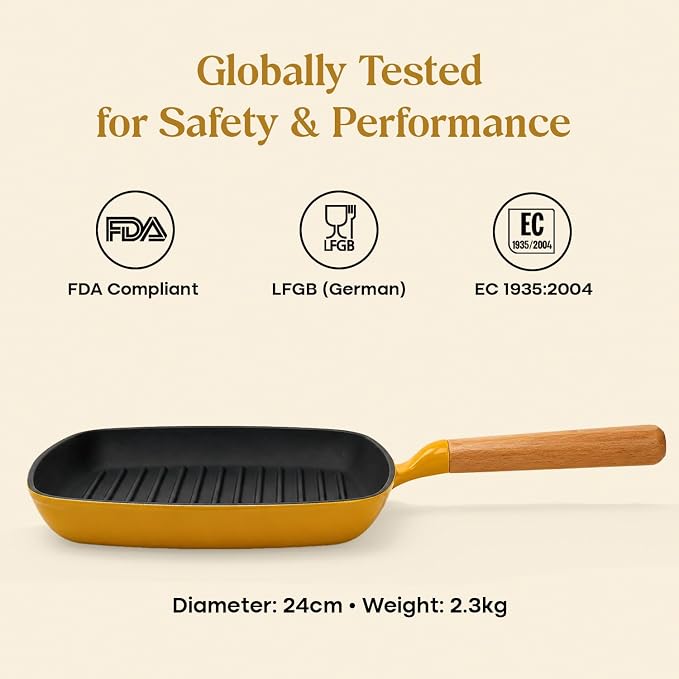 CUMIN CO. Enameled Cast Iron Grill Pan 10 Inch, 1.2 QT Grill Skillet – Non Toxic PFAS Free Cookware – 4 Layer Enamel Coated – Indoor Grill Pan for Steak, Chicken, Burgers & Vegetables (Mustard)