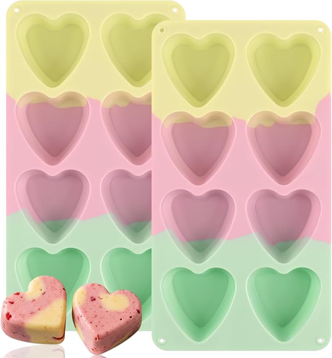 2 Pack 2.7″ Heart Cake Molds, 8 Cavity Silicone Baking Molds for Cake, Muffin, Egg Bites, Cupcake, Bread, Mousse (Green,Yellow,Pink)