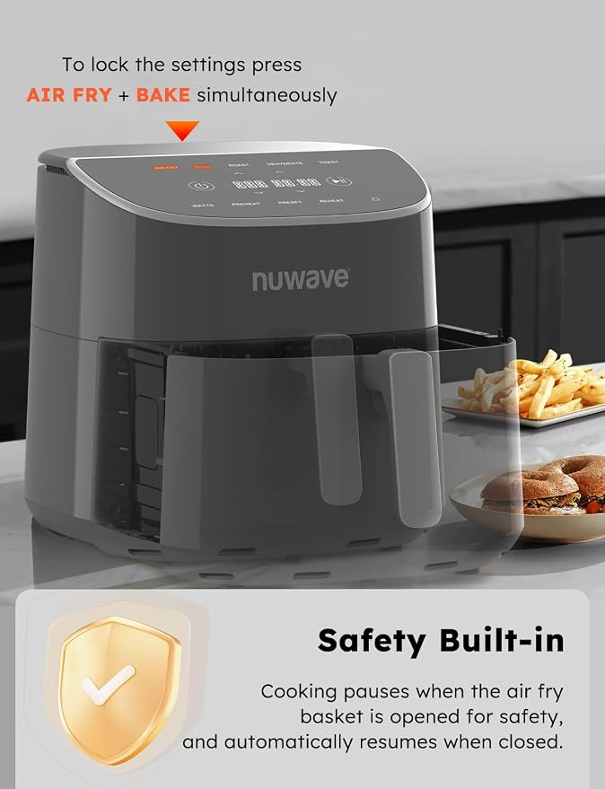 Nuwave Brio Plus 8 Qt Air Fryer, PFAS Free, New & Improved, 50-400°F in 5°F | Digital Touchscreen, Cool White Display, Ceramic Nonstick Coating, 5 Modes, 100 Presets/50 Memory, 700/1500/1800W, Cool Gray