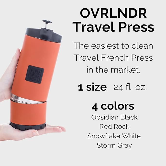 BruTrek | OVRLNDR Travel French Press | 24 fl.oz Drinkable Lid | Grey | Double Wall Insulated, Patented Removable Bottom, Locking No Spill Lid, On The Go Coffee Brewing (Storm Gray)