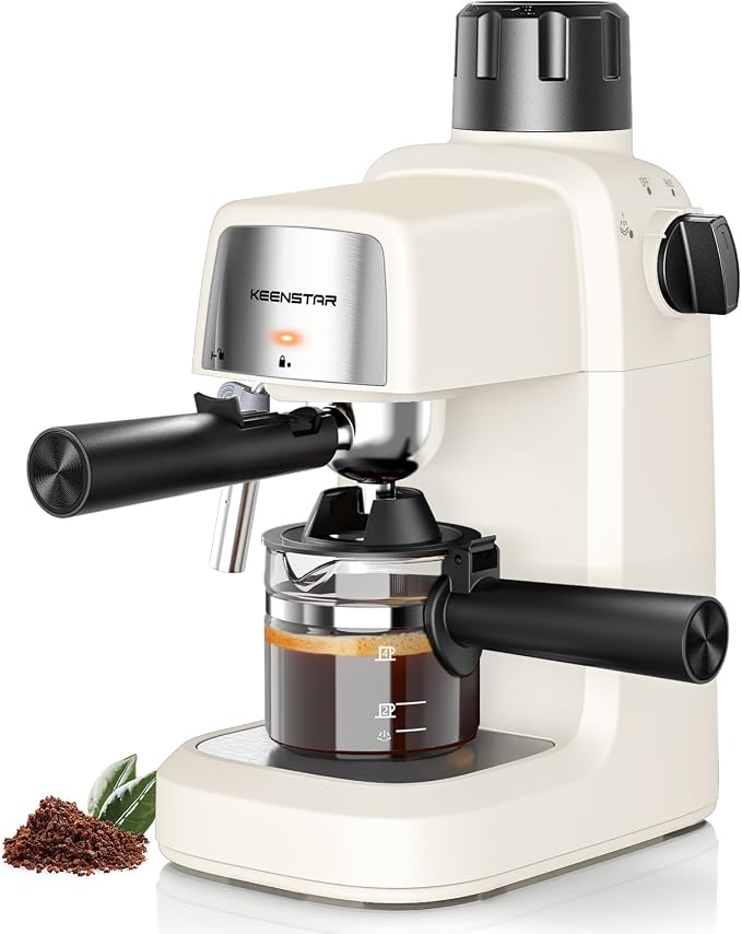 KEENSTAR Espresso Machine 3.5Bar, Compact Expresso Coffee Machines 4-Cup | Milk Frother, 800W Fast Heating, Brew Latte & Cappuccino, Espresso Maker for home, for Coffee Lover, White