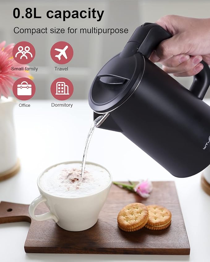 0.8L Electric Kettle Stainless Steel, 800 Watts Small Electric Kettle 27 Ounce Fast Boil Auto Shut-off, Portable Water Boiler for Small Kitchen, Business Trip and More