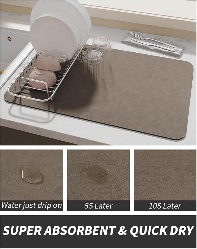 AMOAMI-Coffee Mat Hide Stain Rubber Backed Absorbent Dish Drying Mat for Kitchen Counter-Coffee Bar Accessories Fit Under Coffee Maker, Espresso Machine, Pot, Dish Rack Brown 1624