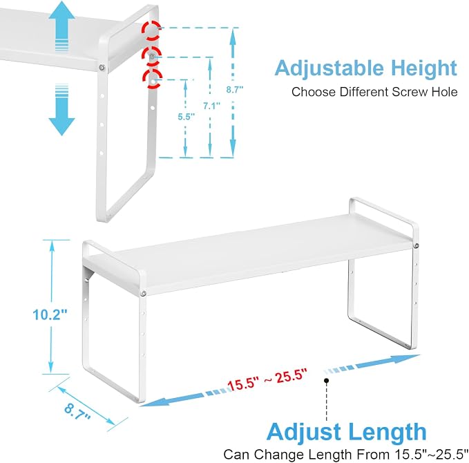 15.5 to 25.5 Inch Kitchen Cabinet Shelf Organizers, Adjustable Kitchen Counter Shelf Organizer, Set of 4 Expandable Countertop Storage Shelves, Stackable Design, 30LBS Heavy Duty, Space Saver