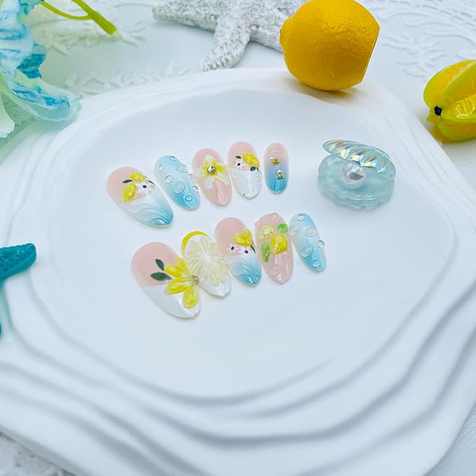 30Pcs Summer Press on Nails Medium Almond Fake Nails 3D Lemon Yellow Flower & Water Drop Designs Pink Blue Gradient French Tip Glue on Nails Reusable Acrylic Nails for Women Beach Vacation Daily Wear