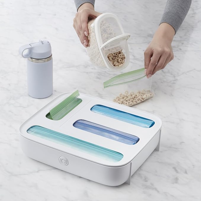 YouCopia StoraBag Drawer Food Bags Dispenser, 4-Slot, Plastic Sandwich Bag Organizer for Kitchen Storage, White