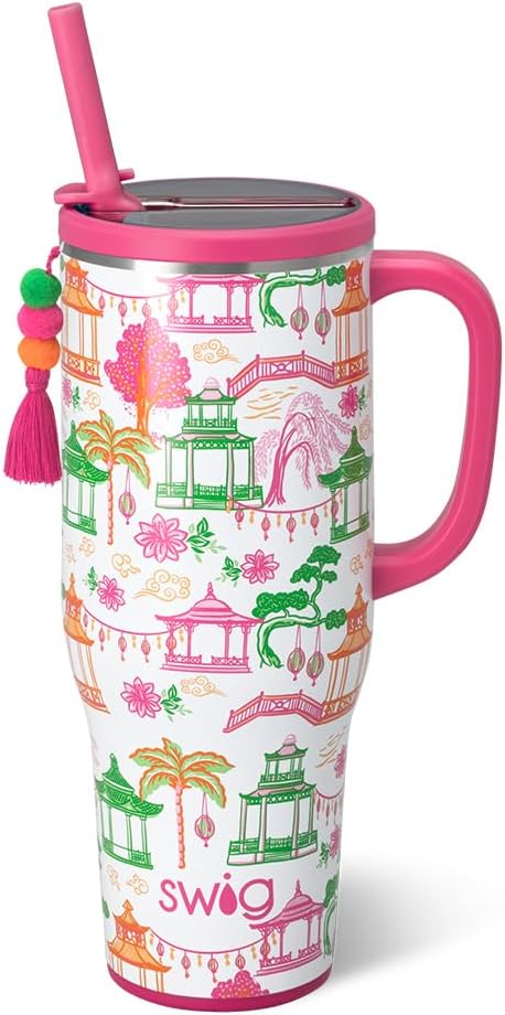Swig Life 40oz Leakproof Mega Mug with Handle & Straw, Pagoda Paradise | Leakproof Lid - Triple Insulated Stainless Steel - Handle & Straw Included - Cup Holder Friendly - Dishwasher Safe