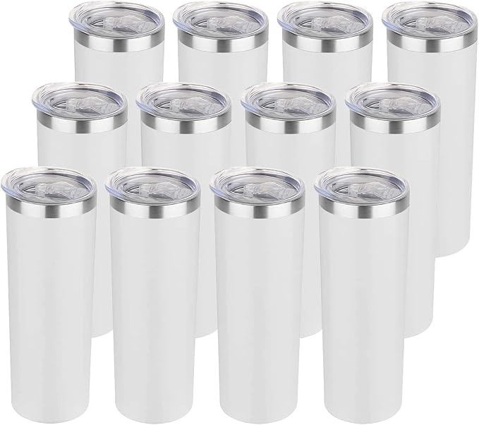 HASLE OUTFITTERS 20 oz Skinny Tumblers Bulk Set, Stainless Steel Insulated Slim Tumblers with Lids, Reusable Double Wall Travel Coffee Mugs, Durable Powder Coated Travel Water Cups(White, 12)