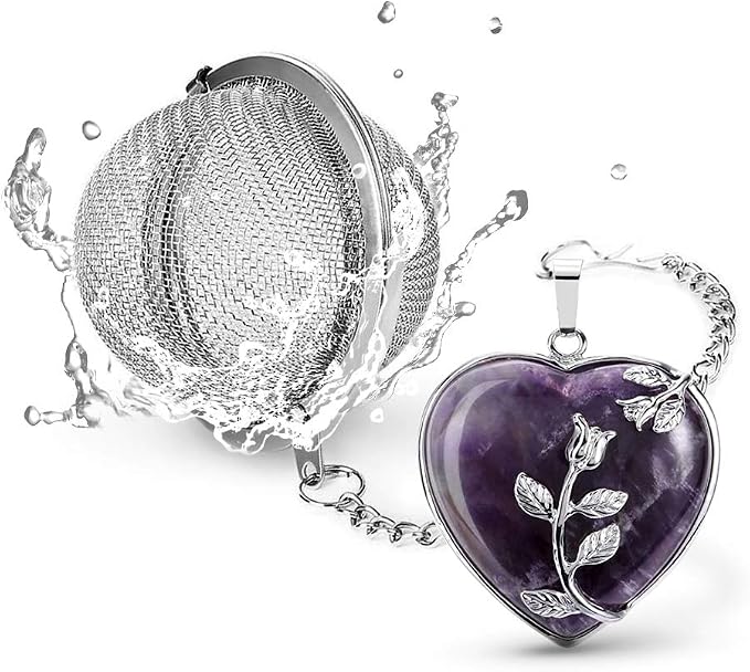 TeaSanavie Tea Infuser Tea Strainers for Loose Tea Amethyst Crystal Heart Pendant Tea Filter Infinity Love Heart Handmade Gemstone Tea Ball with Extended Chain Hook for Brew Fine Loose Tea Gift