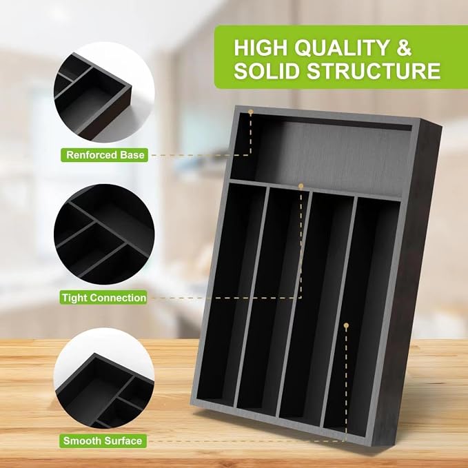 Unibambou Bamboo Silverware Drawer Tray, Kitchen Flatware Organizer, Black | 5 slots kitchen storage tray, Natural Bamboo Material, Perfect organizer for flatware cutlery utensils, 9.8"W x 13.8"D x 2"H