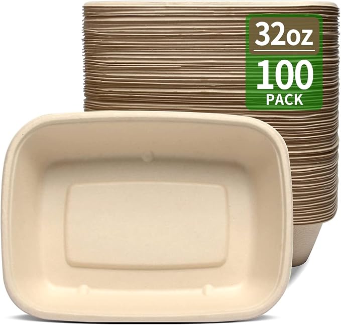 32 oz Large Rectangle Paper Bowls 100 Pack for Burrito Taco Salads | Oblong Disposable Bowls As Nacho Trays,Taco Boats and Baked Potato Dish,Nacho Taco Bar Supplies for Party,100 Bowls Only