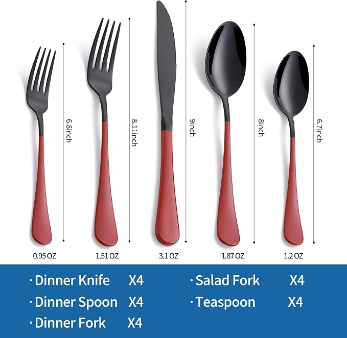 20-Piece Red Silverware Set 18/0 Stainless Steel Black Silverware Set Red Handle Cutlery Set Service for 4 Dinner Knives Forks Spoons Set Black Flatware SetFinish Dishwasher Safe