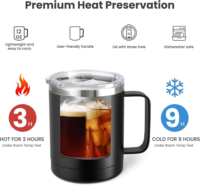 MEWAY 12oz Coffee Mug With Handle 8 Pack Bulk,Stainless Steel Insulated Travel Tumblers With Sliding Lid,Double Wall Vacuum Camping Cup for Hot & Cold Drinks Tea (Black, 8)