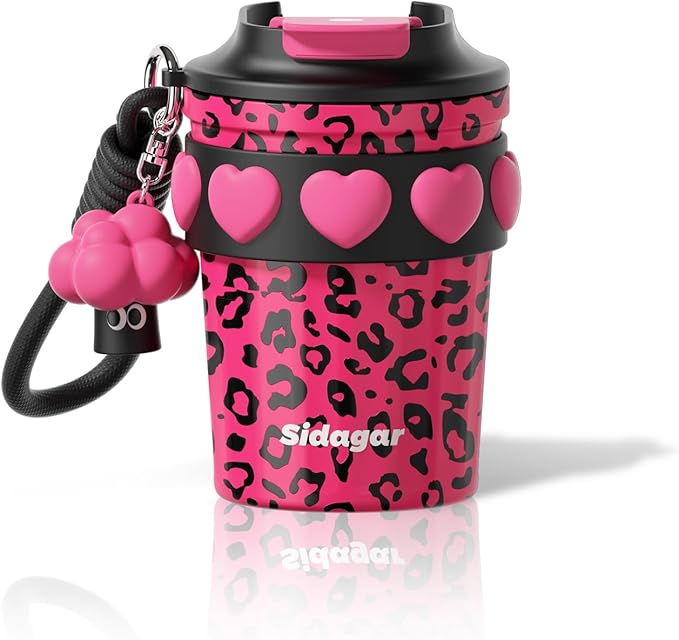 SDGA+ 12 oz Travel Coffee Mug Spill Proof Leak Proof, Stainless Steel Thermal Coffee Cup with Lid, Resuable Cup for Hot and Cold, Portable Tumbler for Women, Pink Leopard