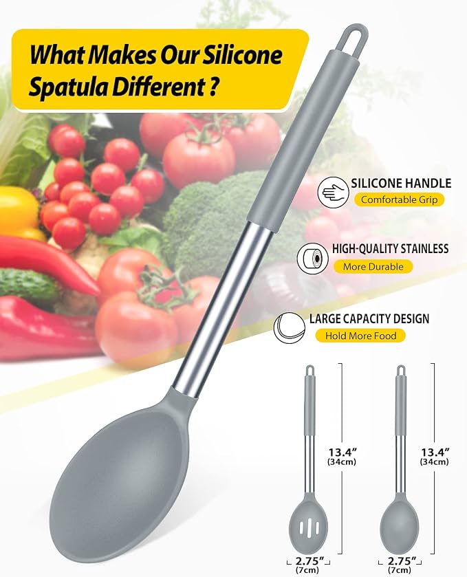 BUNDLEPRO Silicone Cooking Spoons for Non Stick Cookware, 2 Pack, Grey | Heat Resistant, Large Kitchen Spoons for Mixing, Serving, Draining, Stirring
