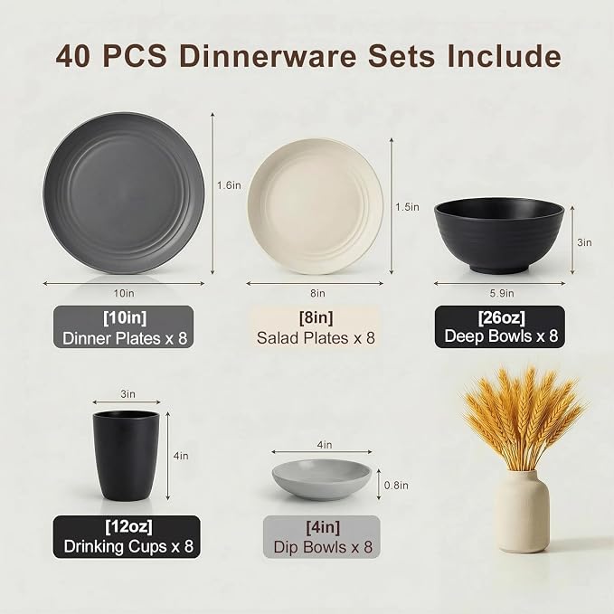 40 Piece Plates and Bowls Sets for 8, Unbreakable Wheat Straw Dinnerware Sets for 8, Microwave Safe Dishes Set for 8, Plastic Dinnerware Set for Home, Apartment, Dorm - BlackBeige